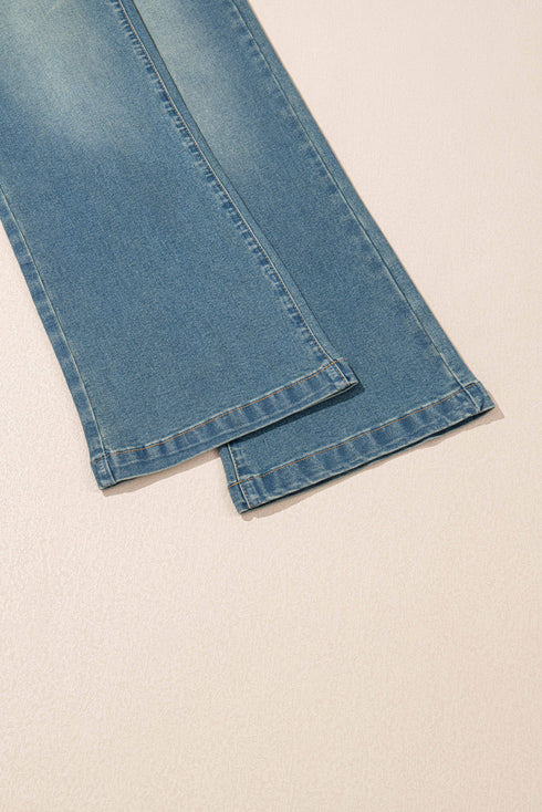 Vintage Wash Double Button Front Patch Pocket Flare Jeans